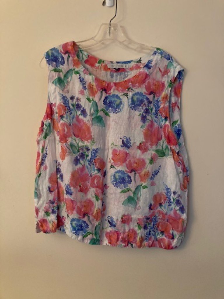 Cut Loose White Linen Sleeveless Top With Pink And Blue Floral Pattern Size Xl